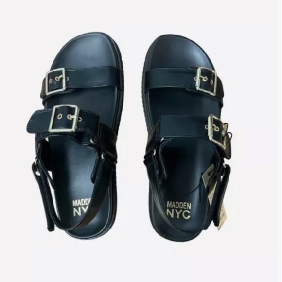 NWT! In Box! Madden NYC Black Women's Double Buckle Footbed Sandals Size 8.5 - Picture 7 of 14